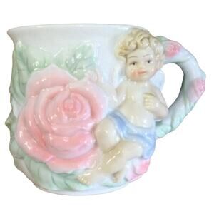 Avon Collectible Angel Rose Tea Cup Mug Cherub Embossed Pink Porcelain Floral